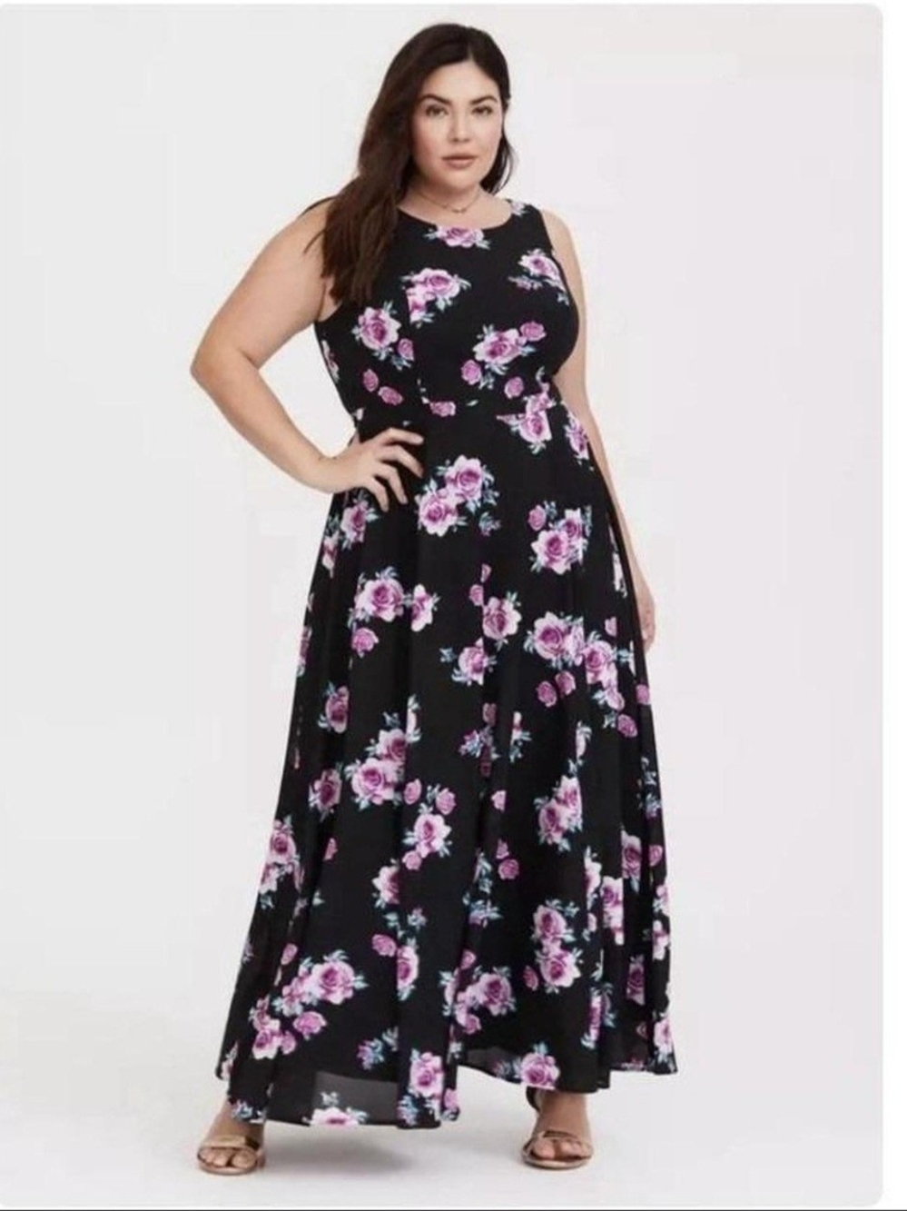 Torrid Sz 18  Black Maxi Dress with Pink Floral Print